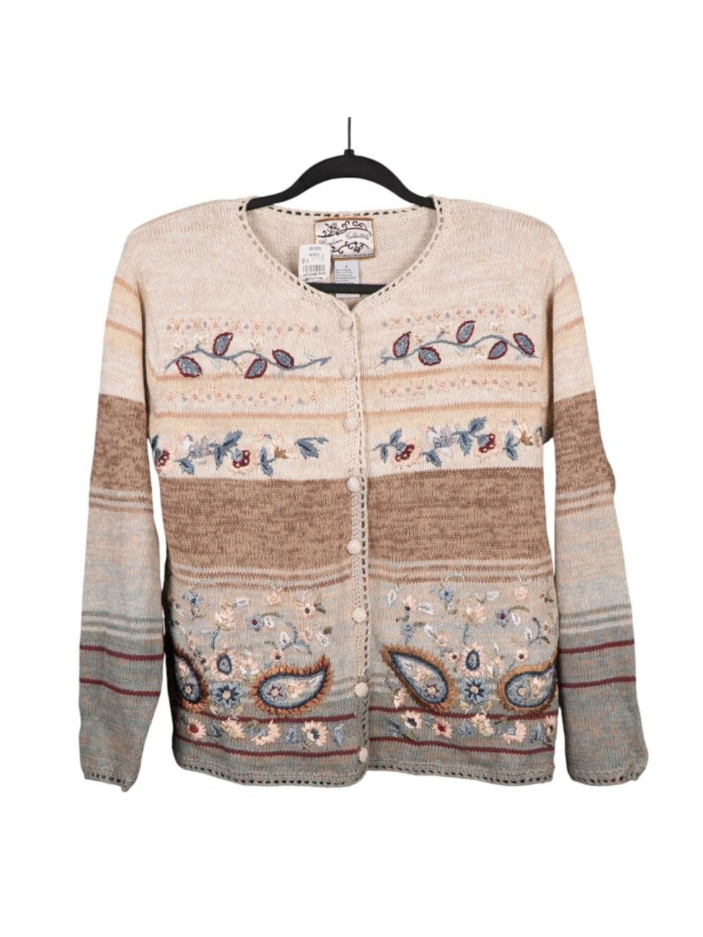 VTG Cardigan Sweater S Women 90s MomCore Beige Paisley Floral Boho Cottagecore